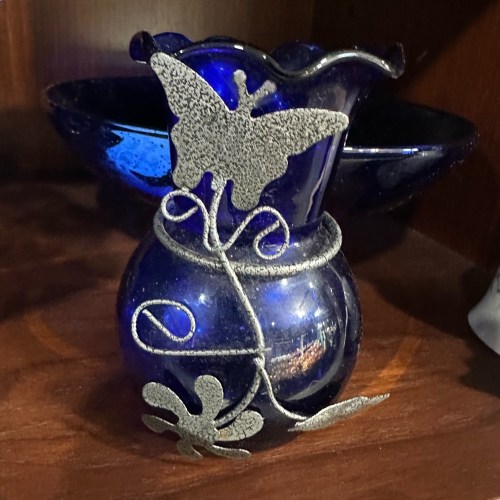 Cobalt Blue Glass Bud Vase with Silver Butterfly Accent